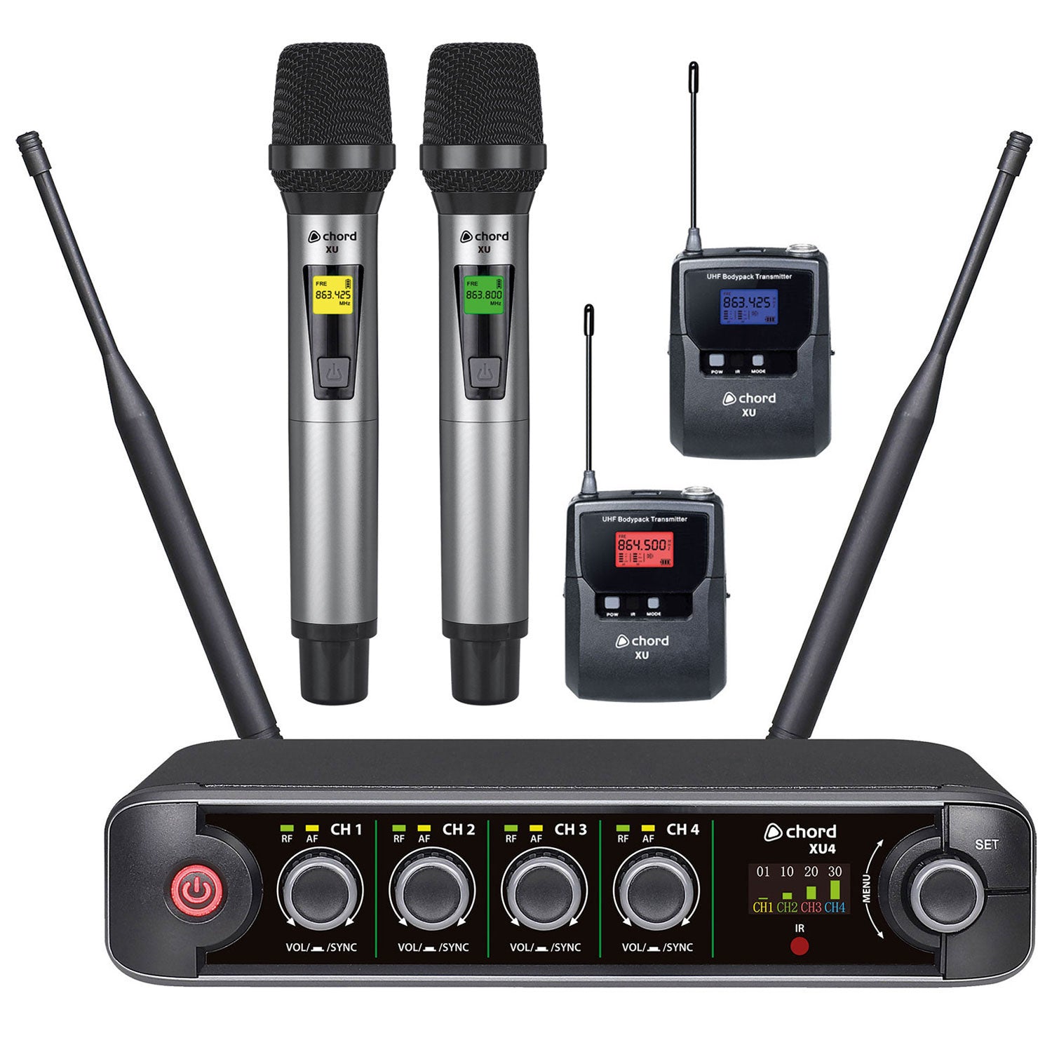 Chord XU4 Quad Combo UHF Microphone System 2 Handheld + 2 Bodypack
