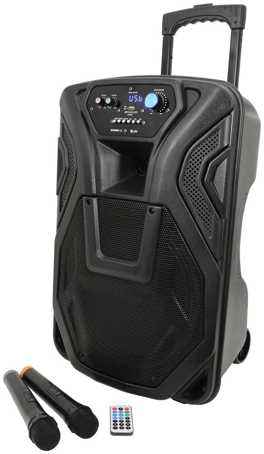 QTX Busker-12 PA + 2 x VHF mics + USB/SD/FM/BT