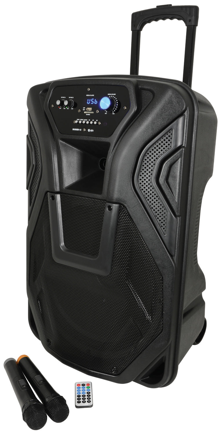 QTX Busker-15 PA + 2 x VHF mics + USB/SD/FM/BT