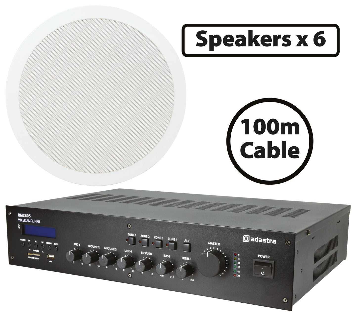 Adastra 6 x Hi Power Ceiling Speakers 8"  with 360W BT/USB Mixer-amp