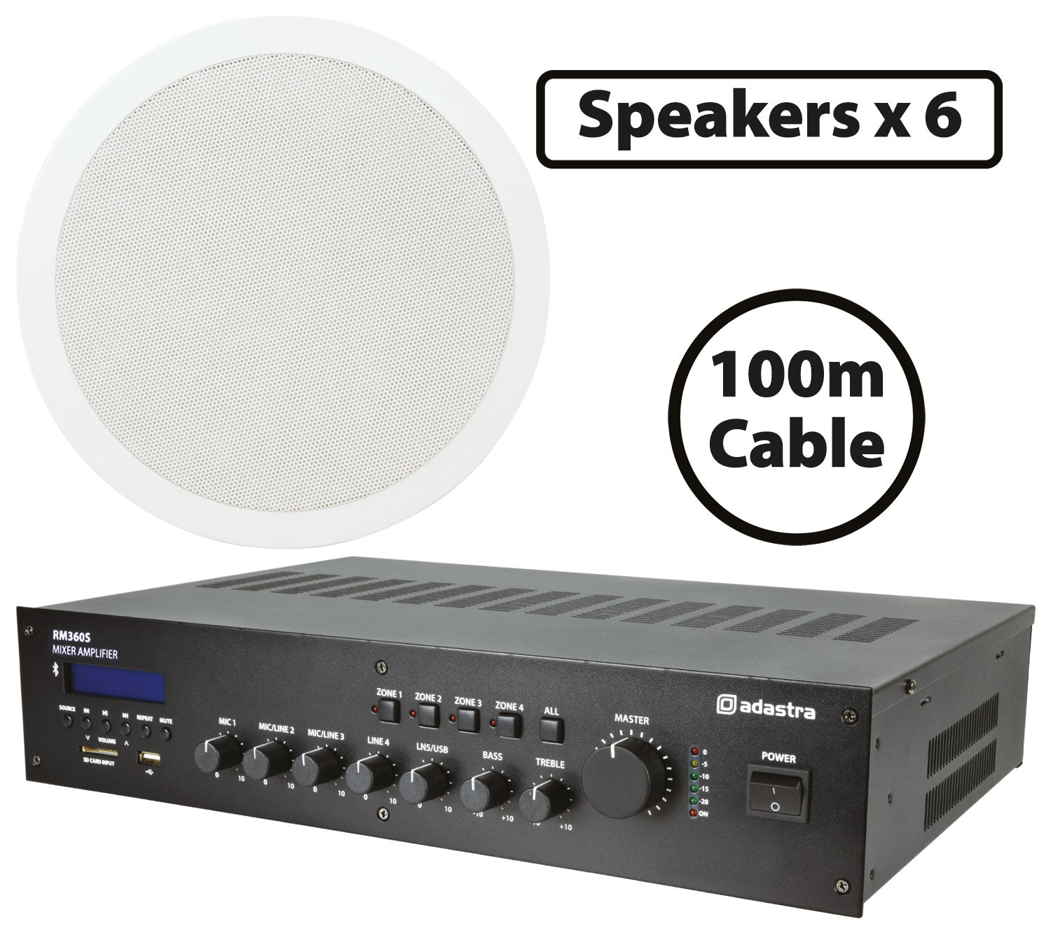 Adastra 6 x Hi Power Ceiling Speakers 8"  with 360W BT/USB Mixer-amp