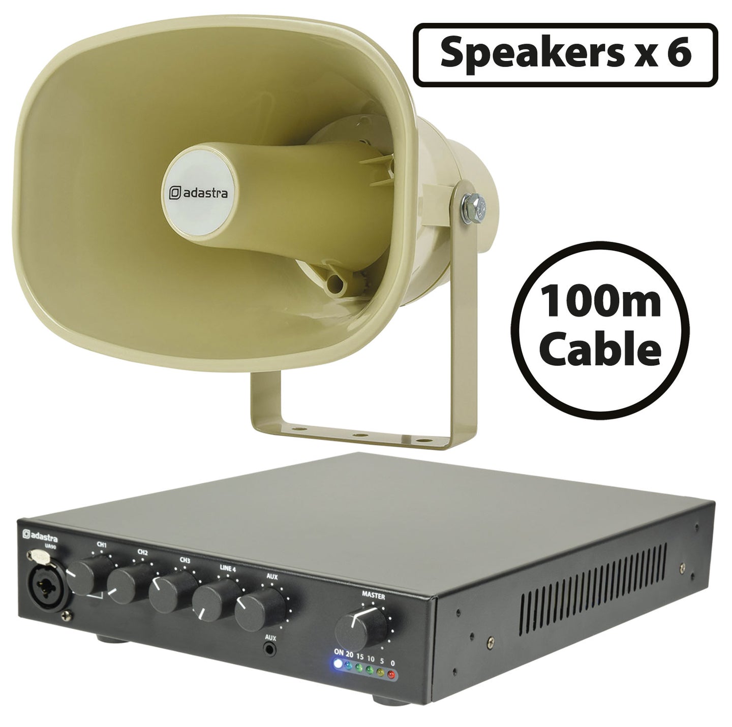 Adastra 6 x ABS Horn Speakers 15W with UA90 Mixer-amp