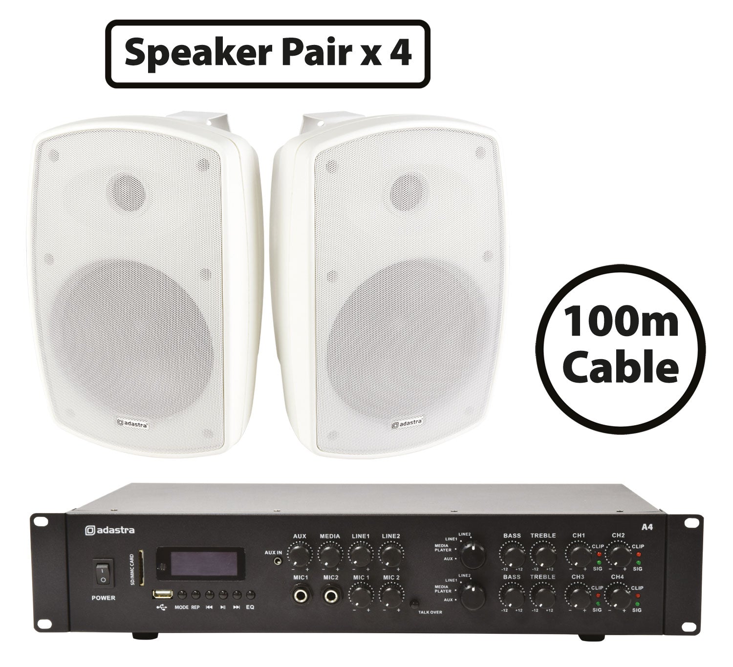 Adastra 8 x BH6-W Speakers + A4 Dual Stereo Amp Package - 2 Zone