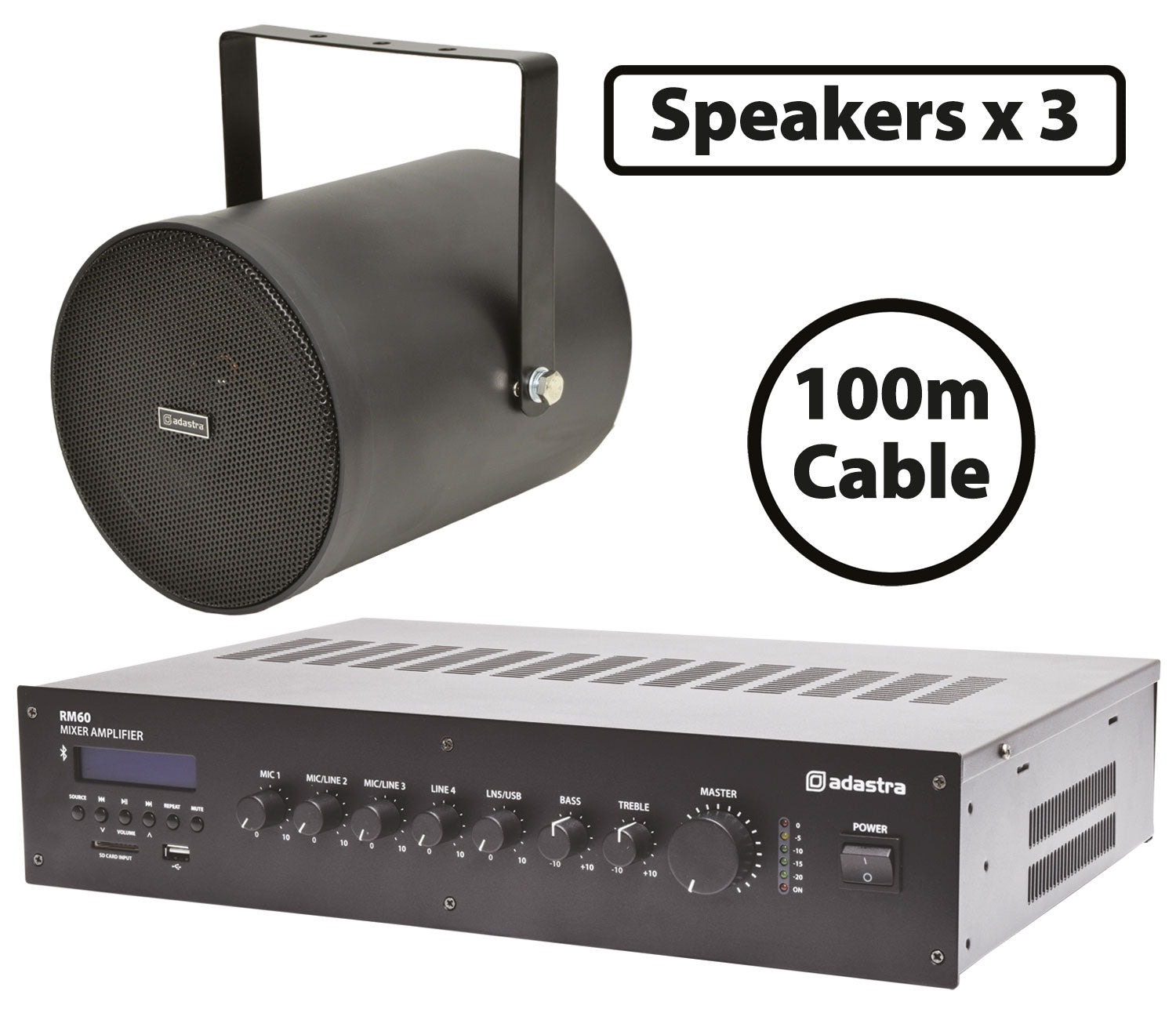 Adastra 3 x Black Sound Projectors with 60W Mixer-Amp