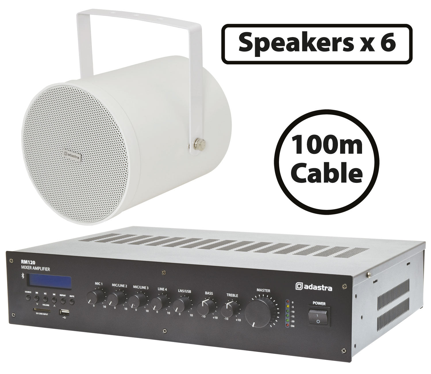 Adastra 6 x White Sound Projectors with 120W Mixer-Amp