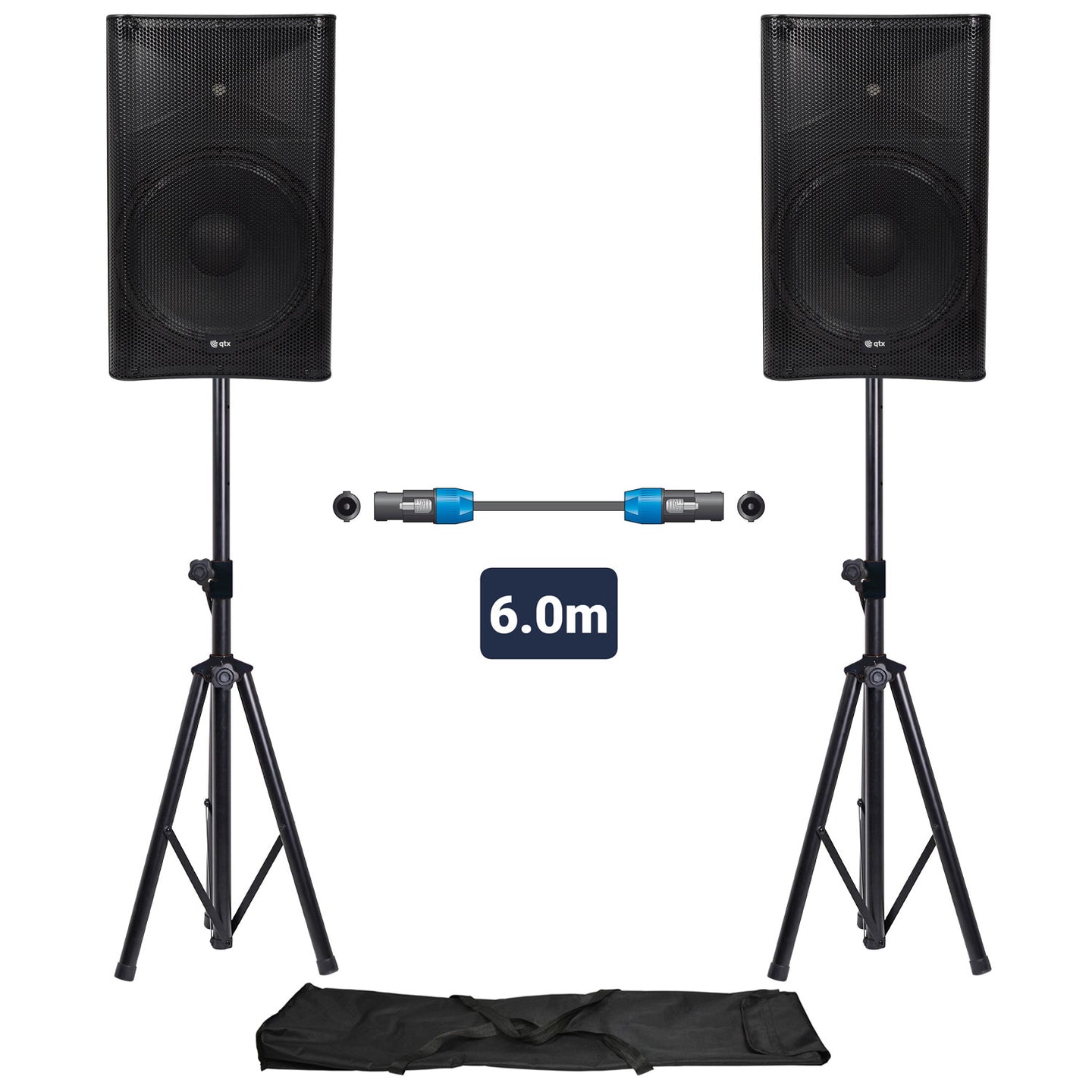 QTX QUEST-15 Two Speaker PA Setup with Stands & Lead