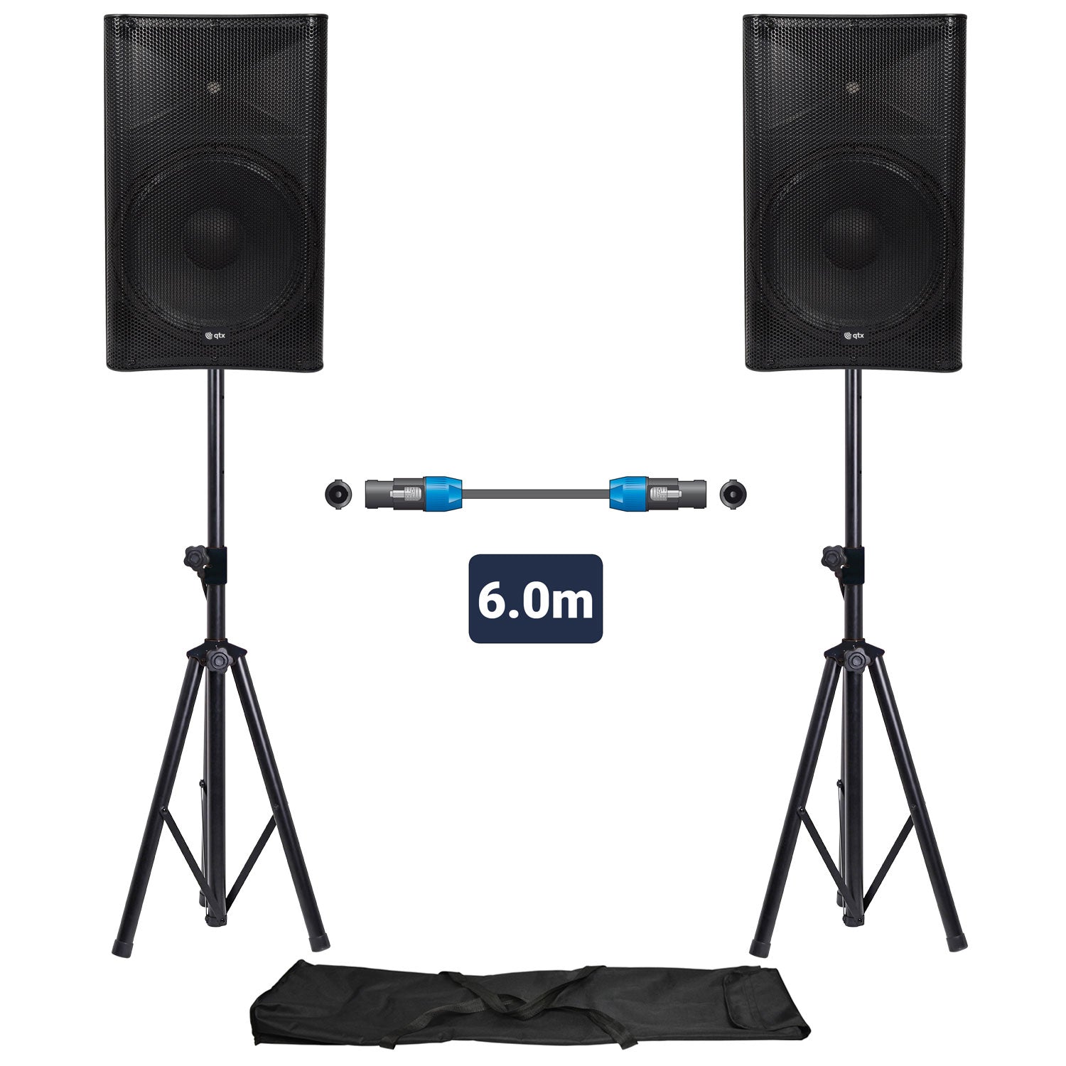 QTX QUEST-15 Two Speaker PA Setup with Stands & Lead