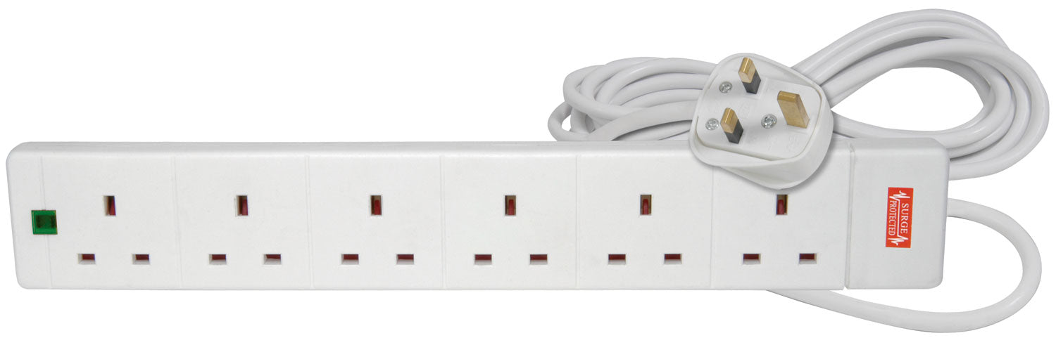Mercury 6 gang 13A extension lead with surge protection, 2.0m
