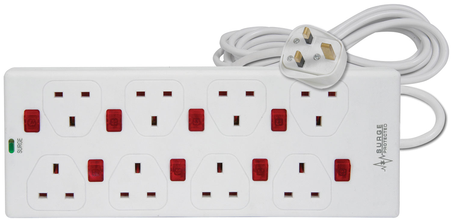 Mercury 8 gang 13A extension lead with anti-surge protection and 8 neon switches