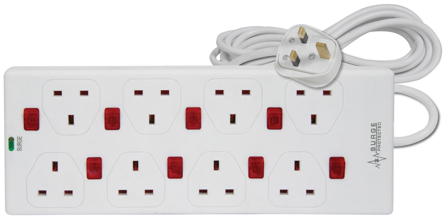 Mercury 8 gang 13A extension lead with anti-surge protection and 8 neon switches