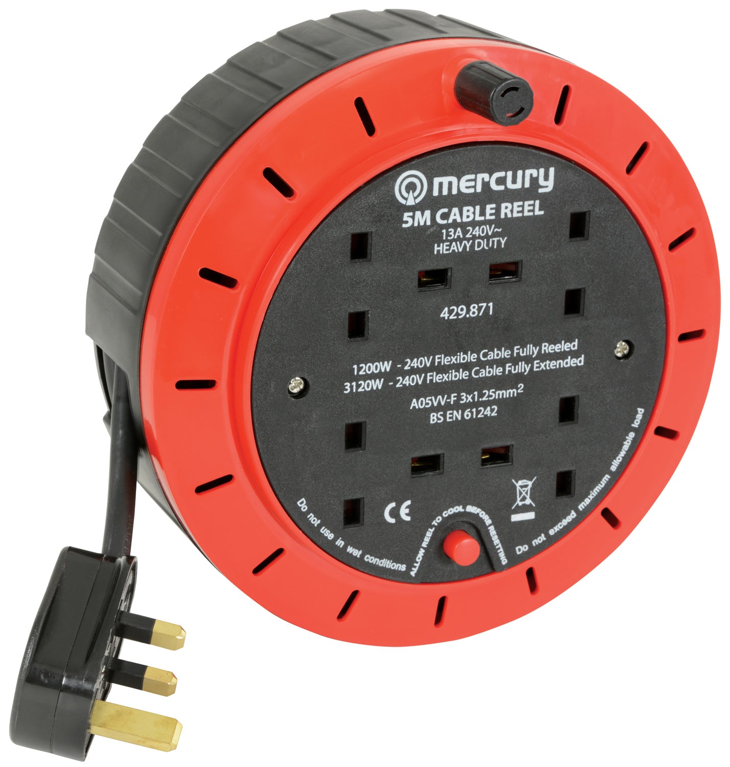 Mercury 4-Gang Extension Reel with Thermal Cut-Out 5m