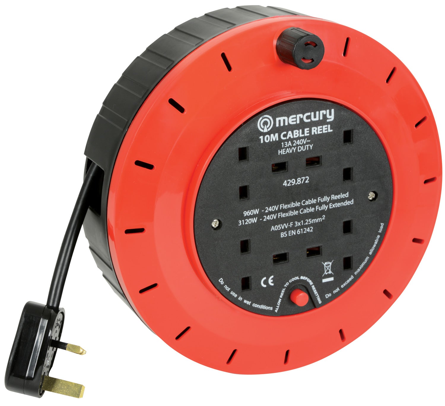 Mercury 4-Gang Extension Reel with Thermal Cut-Out 10m