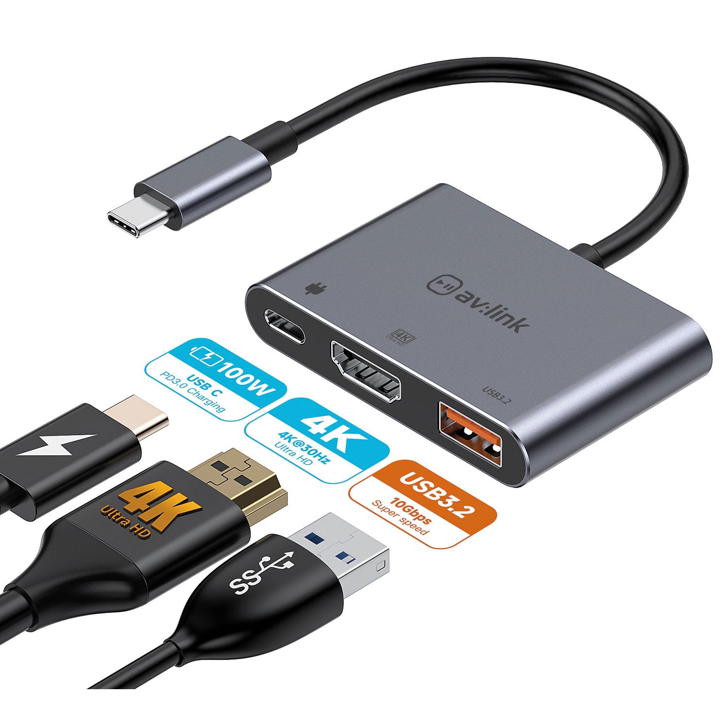 AV:Link 3 Port Slim USB3.0 Type-C Hub - view 3