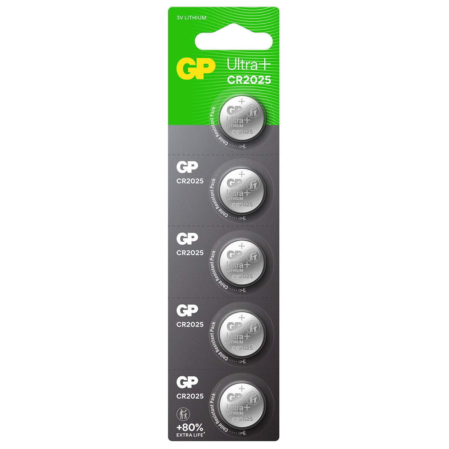 GP CR2025 3V 150mAh 2.5 x 20mmØ 5 Pack