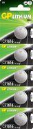 GP CR1616 3V 55mAh 1.6x16.0mmØ 5 Pack