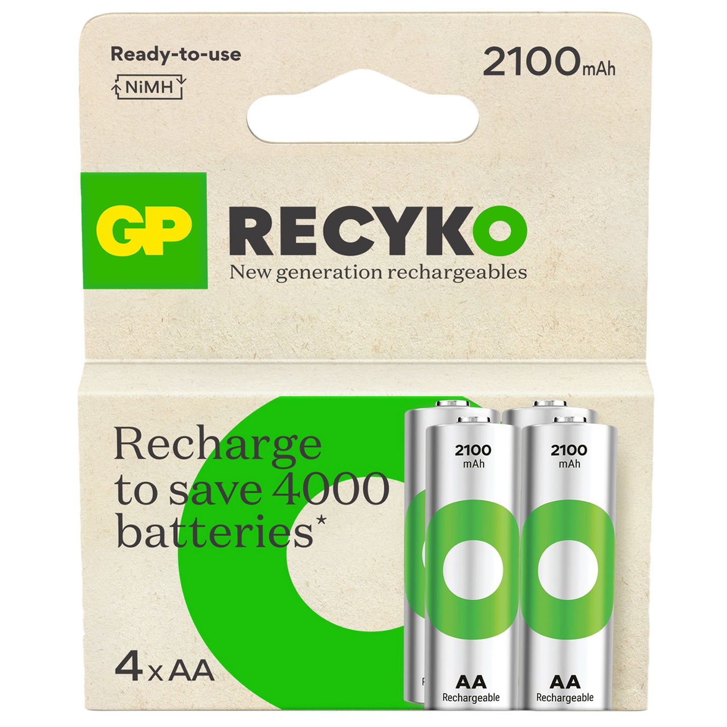 GP AA ReCyko+ NiMH Rechargeable Batteries, 2100mAh 4 Pack