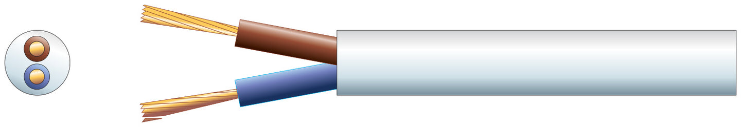 Mercury 2 core round mains PVC, 2 x 24/0.2mm, 6A, 5.8mmØ, White, 100m
