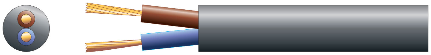 Mercury 2 core round mains PVC, 2 x 48/0.2mm, 15A, 7.4mmØ, Black, 100m