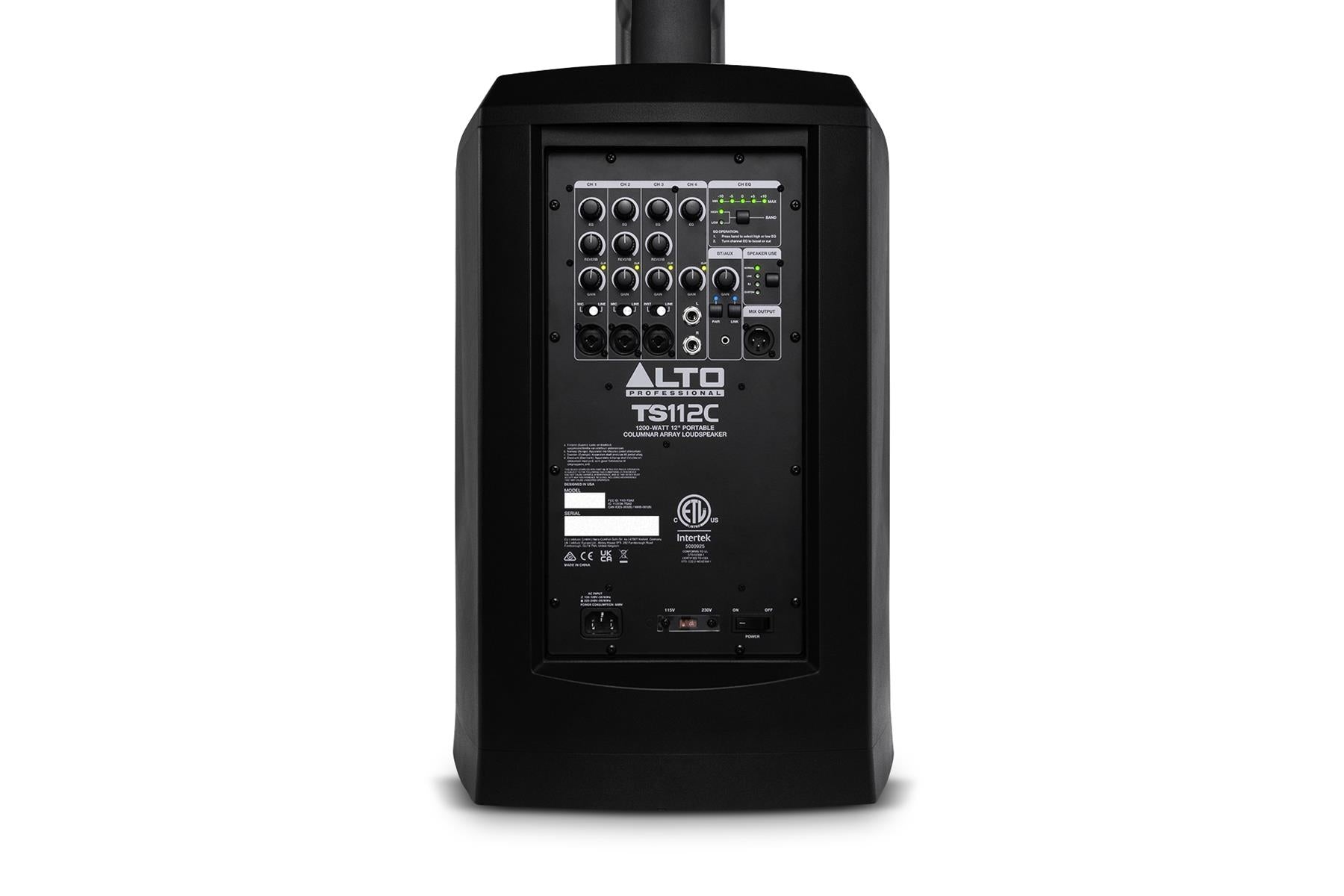 ALTO TS112C 1200W Portable Powered Column PA Bluetooth mixer with control panel on a white background