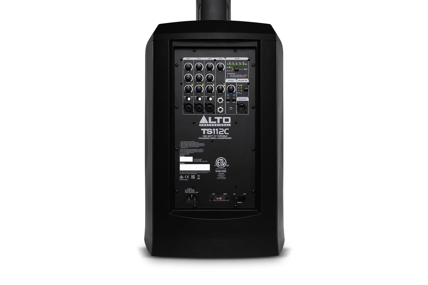 ALTO TS112C 1200W Portable Powered Column PA Bluetooth mixer with control panel on a white background