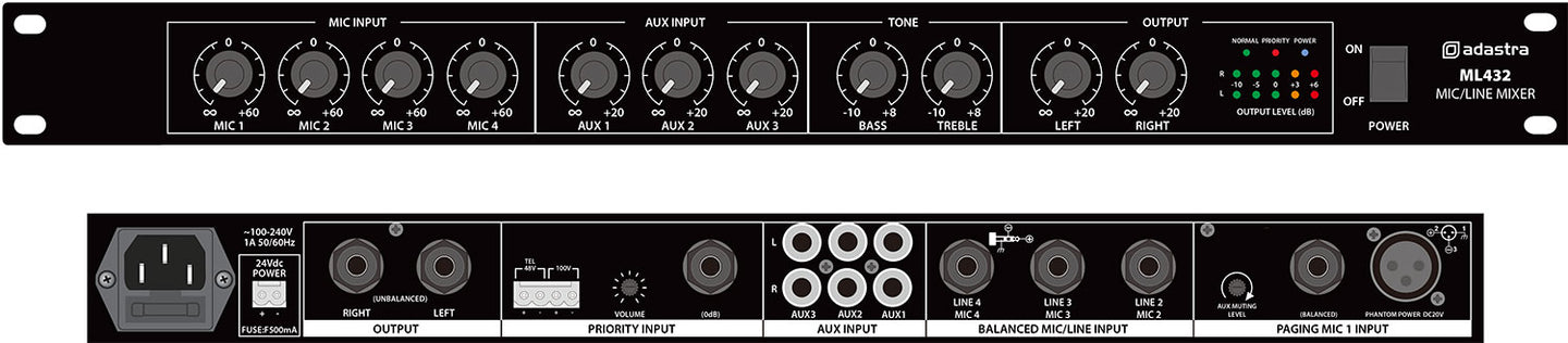 Adastra ML432 4mic+3aux rack mixer 1U - view 2