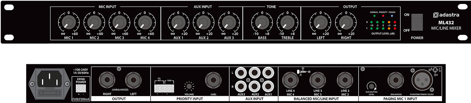 Adastra ML432 4mic+3aux rack mixer 1U - view 2