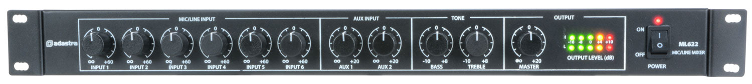 Adastra ML622 6 Mic + 2 Aux Rack Mixer 1U