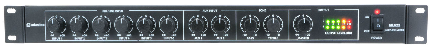 Adastra ML622 6 Mic + 2 Aux Rack Mixer 1U