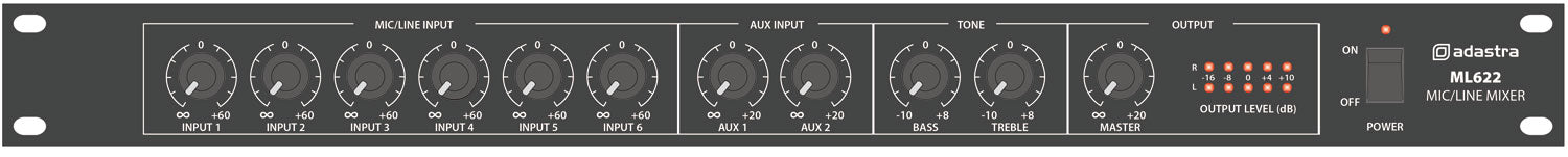 Adastra ML622 6 Mic + 2 Aux Rack Mixer 1U - view 2