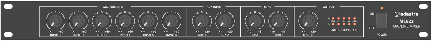 Adastra ML622 6 Mic + 2 Aux Rack Mixer 1U - view 2