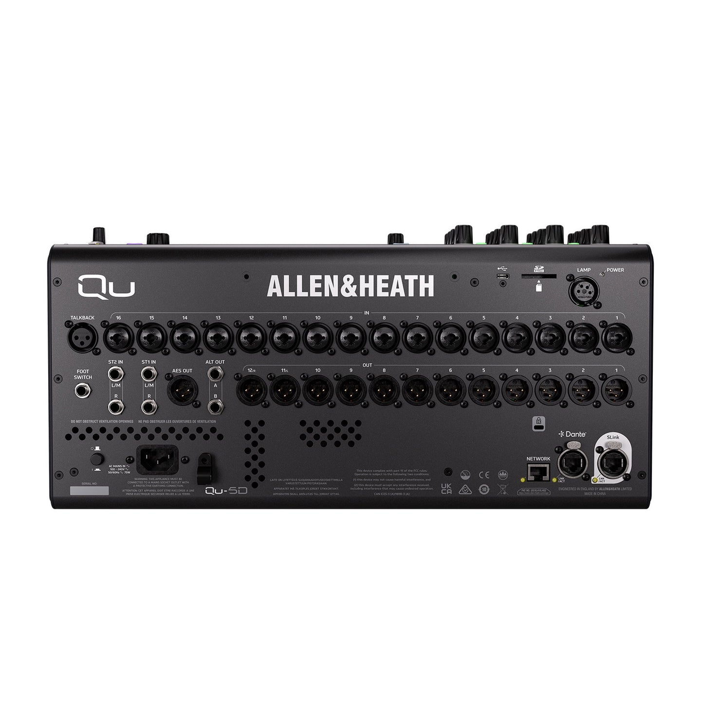 Allen & Heath Digital Mixing Console With 16 Faders and 16x16 Dante Qu-5D - Back Panel and Connections