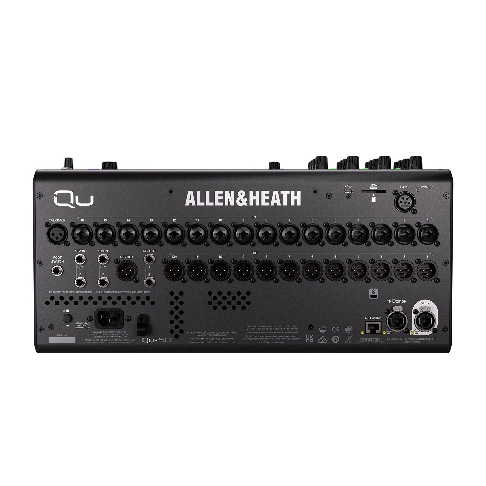 Allen & Heath Digital Mixing Console With 16 Faders and 16x16 Dante Qu-5D - Back Panel and Connections