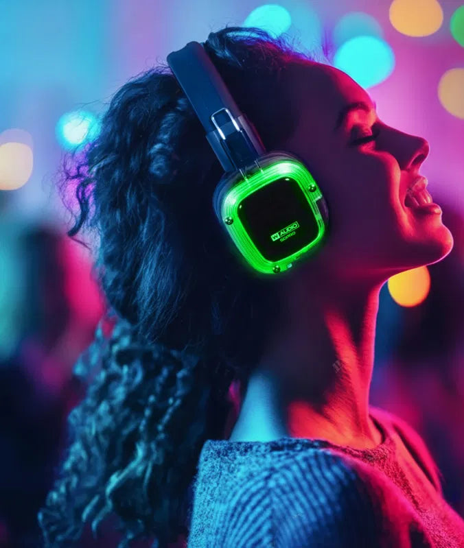 W Audio Silent Disco headphones and transmitter with colorful background