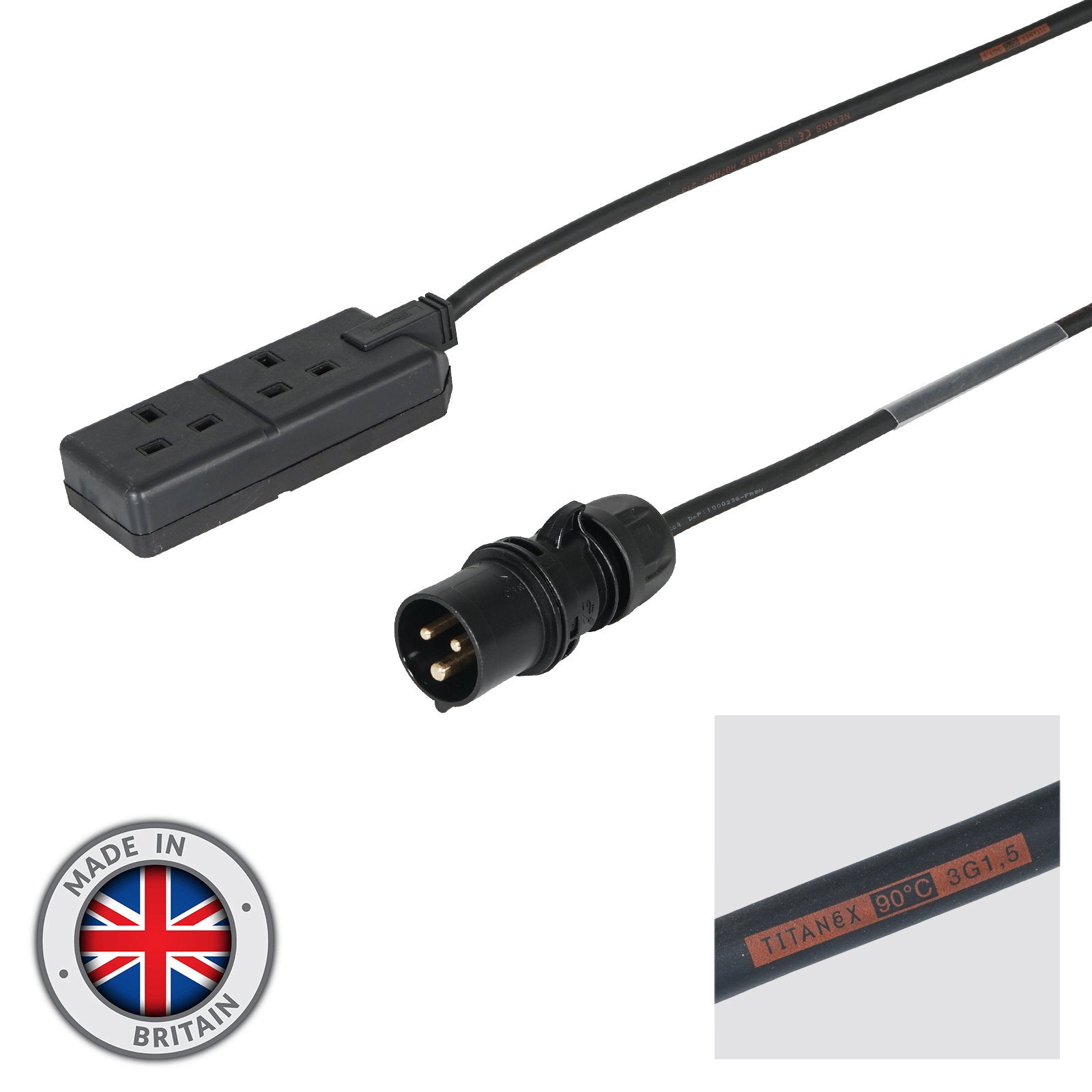 Elumen8 5m 1.5mm PCE Black 16A Plug to 2 Gang 13A Socket Cable - Main View
