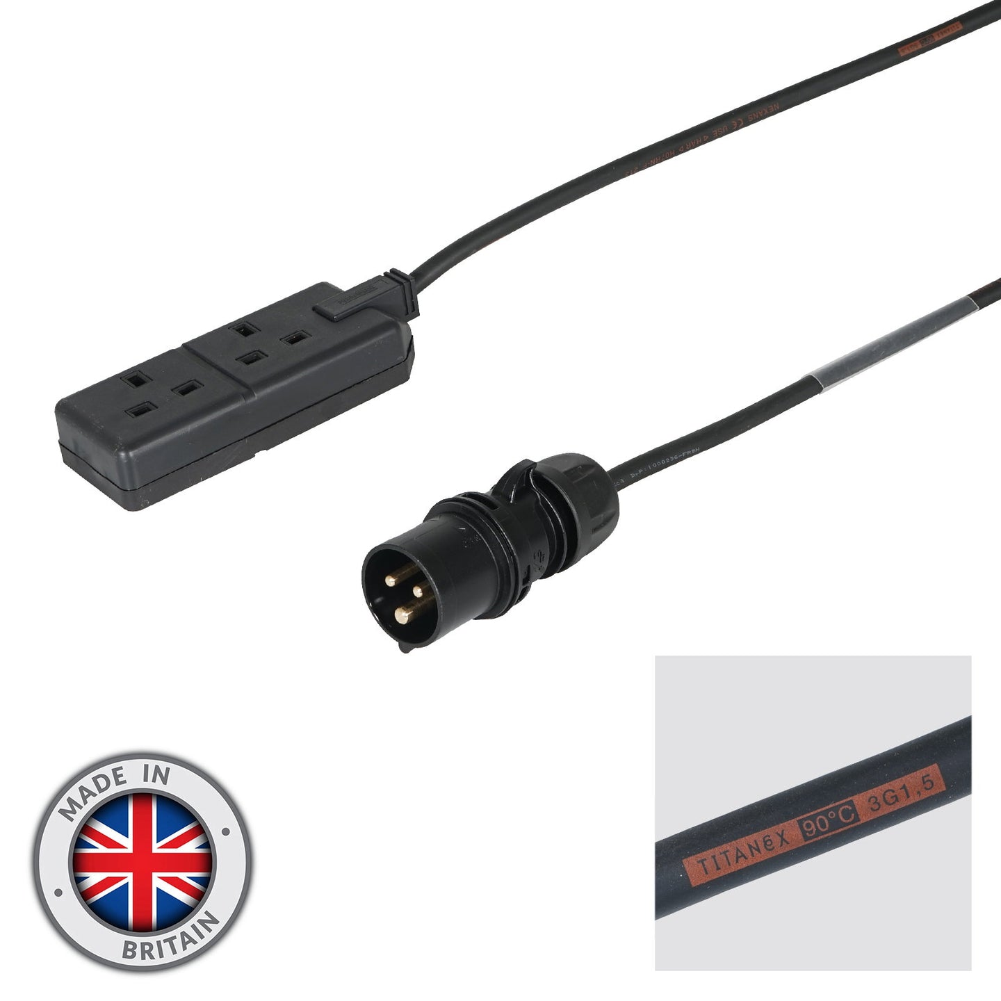 Elumen8 20m 1.5mm PCE Black 16A Plug to 2 Gang 13A Socket Cable - Alternate View 1