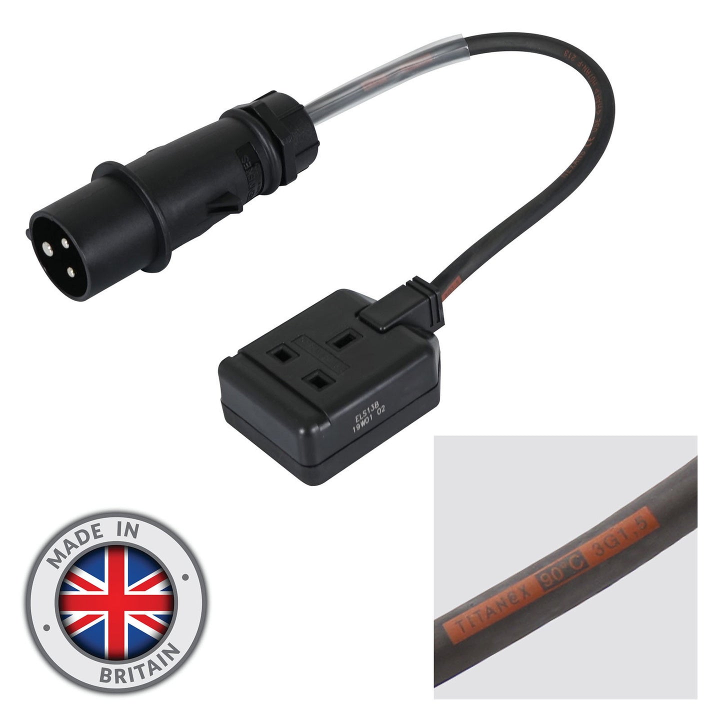 Elumen8 0.35m Mennekes Black 16A Plug to 13A Socket Cable - Main View