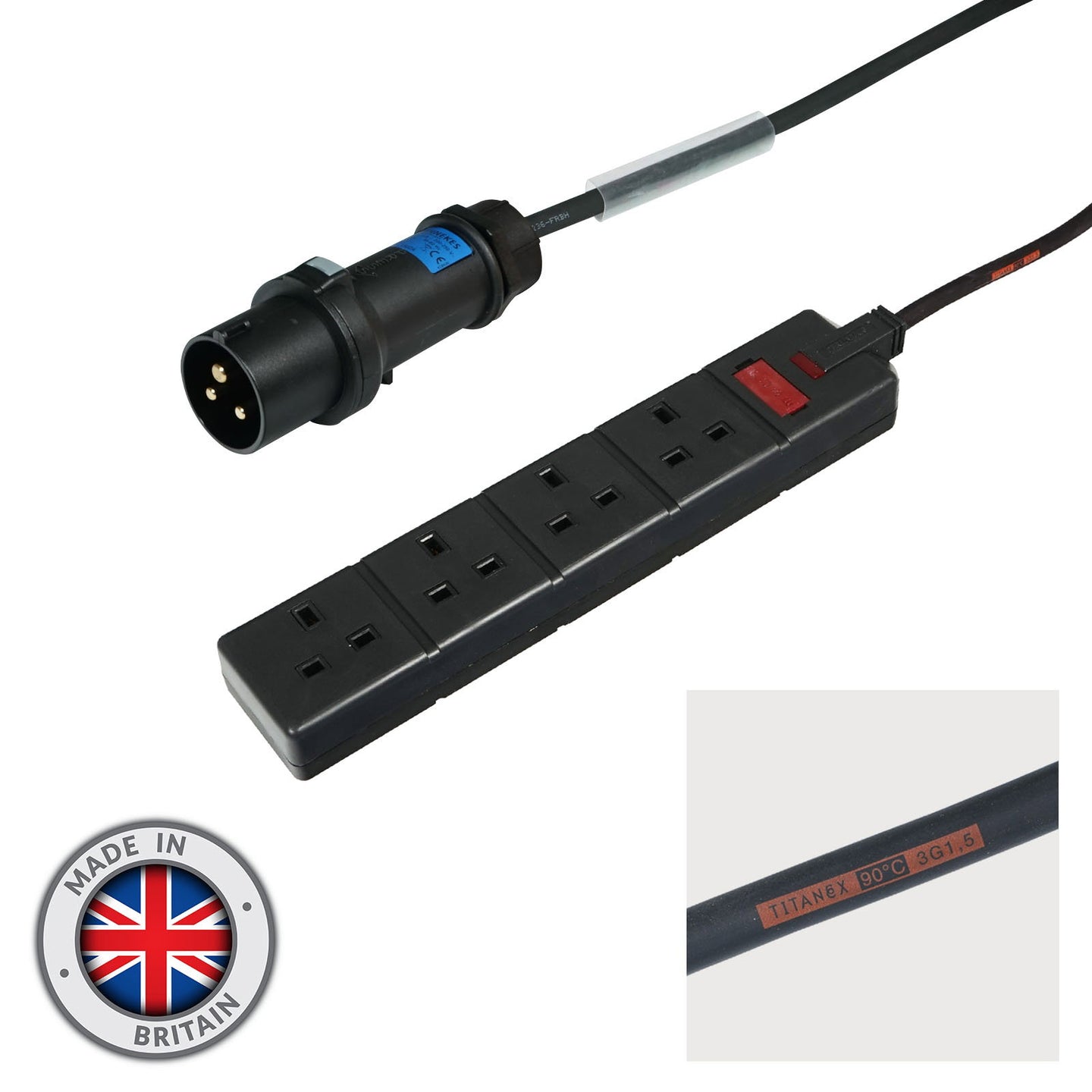 Elumen8 0.35m Mennekes Black 16A Plug to 4 Gang 13A Socket Cable - Main View