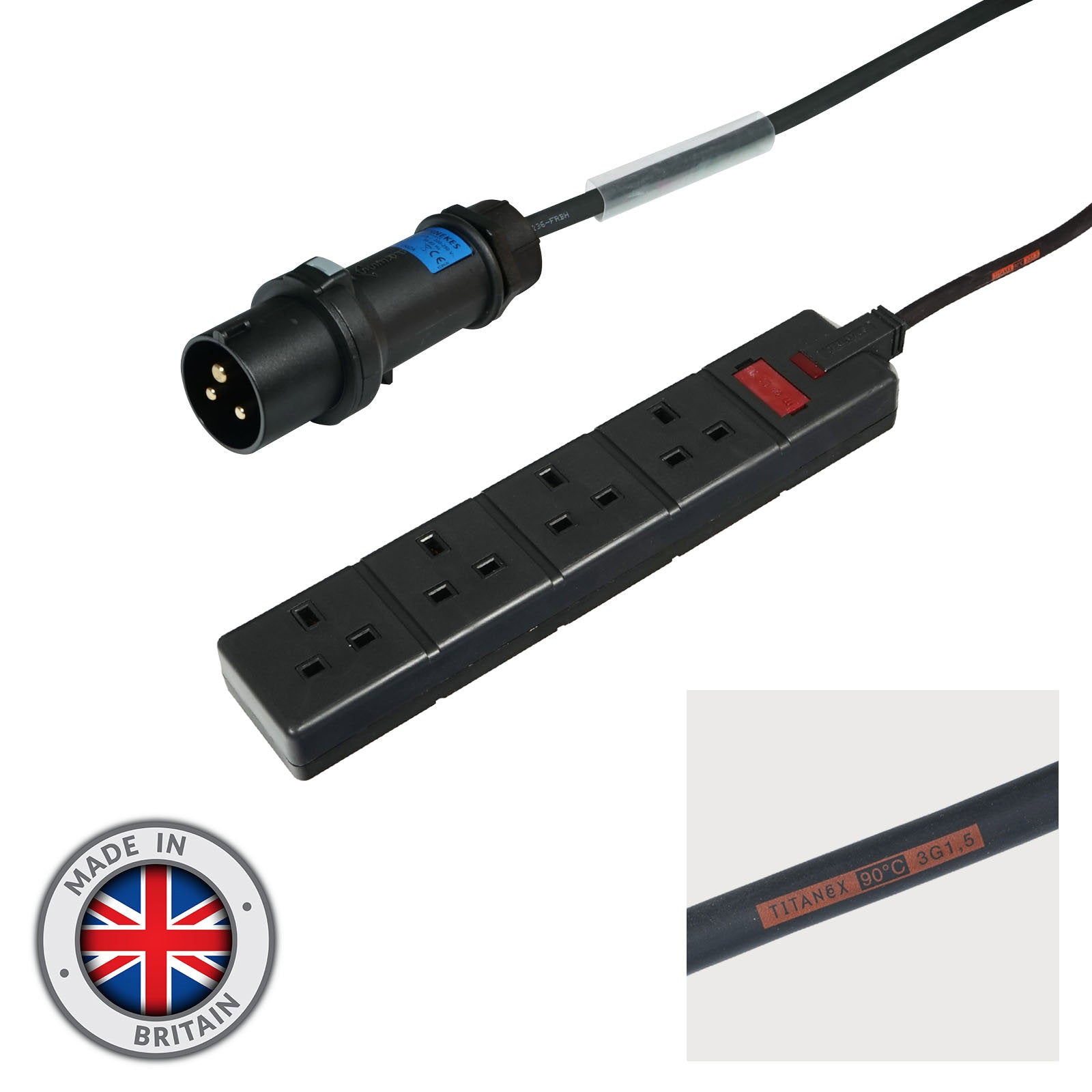 Elumen8 0.35m Mennekes Black 16A Plug to 4 Gang 13A Socket Cable - Main View