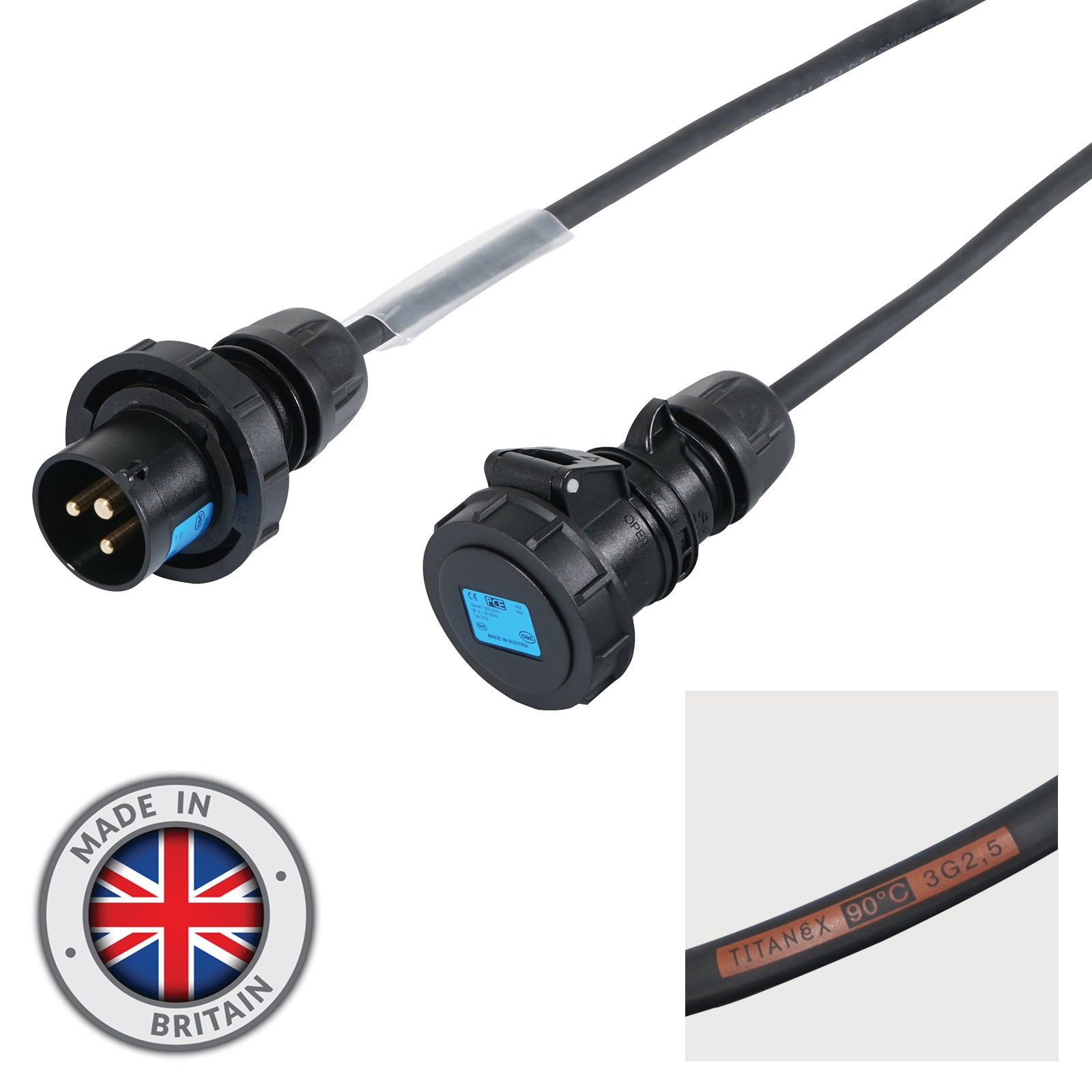Elumen8 1.5m 2.5mm IP67 Black 16A Male - 16A Female Cable - Alternate View 1