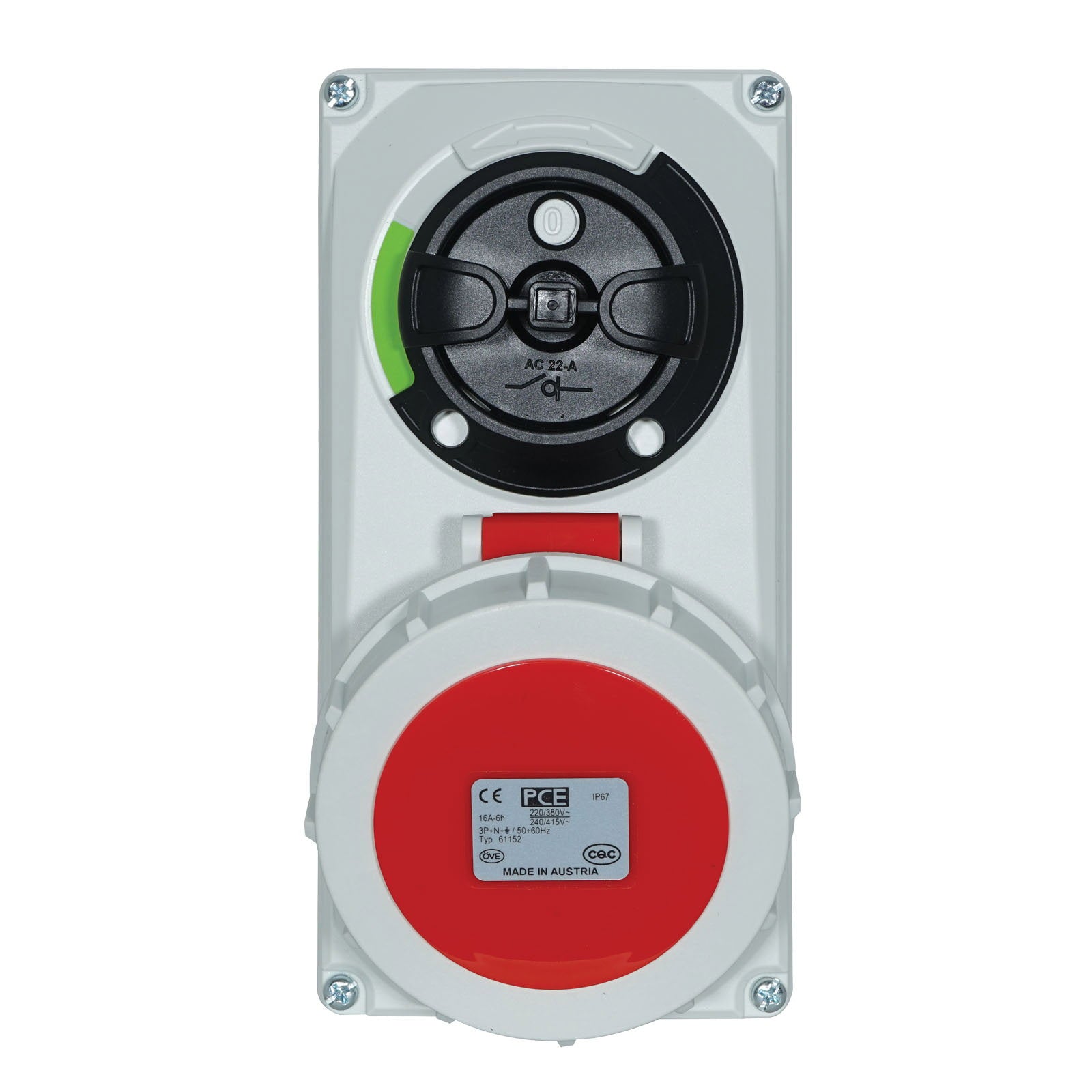 PCE 16A 415V 3P+N+E IP67 Switched Interlock Socket (61152-6) - Alternate View 3