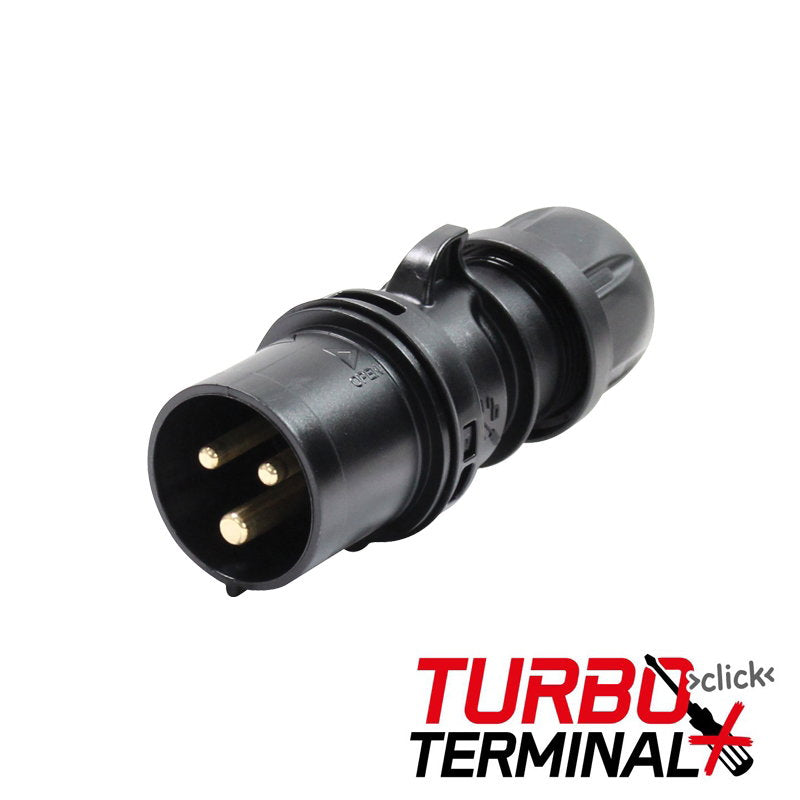 PCE 16A 230V 2P+E Black Plug (013-6TTx) - Back Panel and Connections
