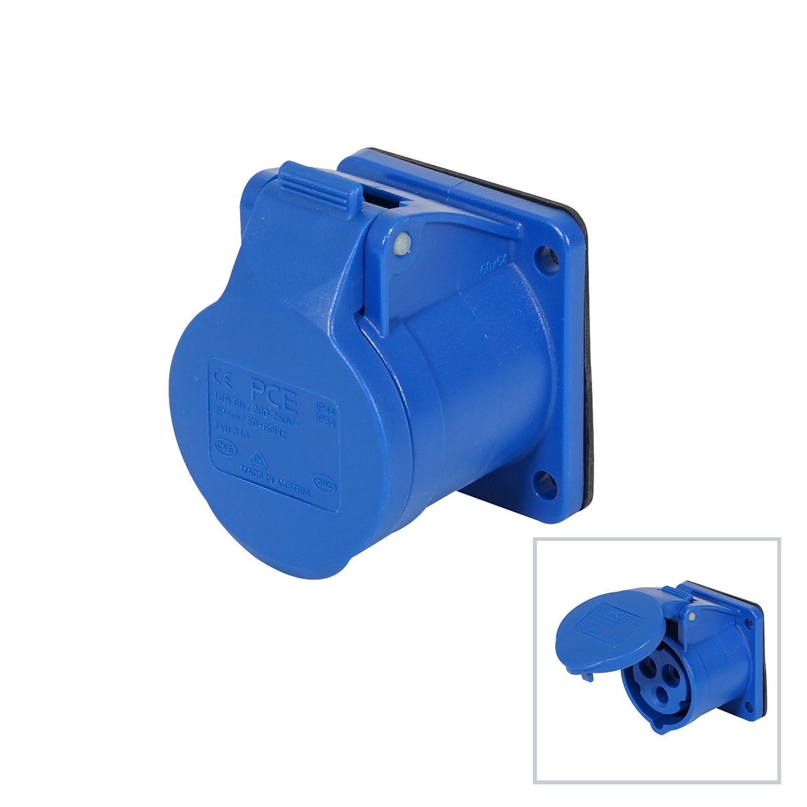 PCE 16A 230V 2P+E Panel Socket (313-6f9) - Main View