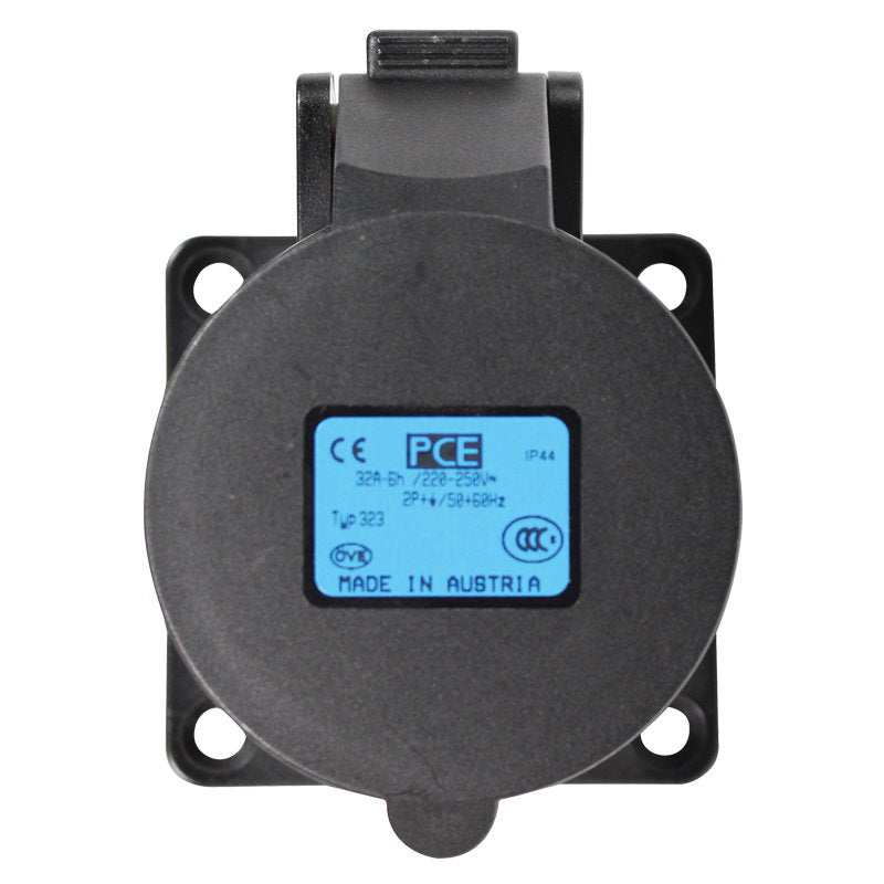 PCE 32A 230V 2P+E Black Panel Socket (323-6X) - Main View