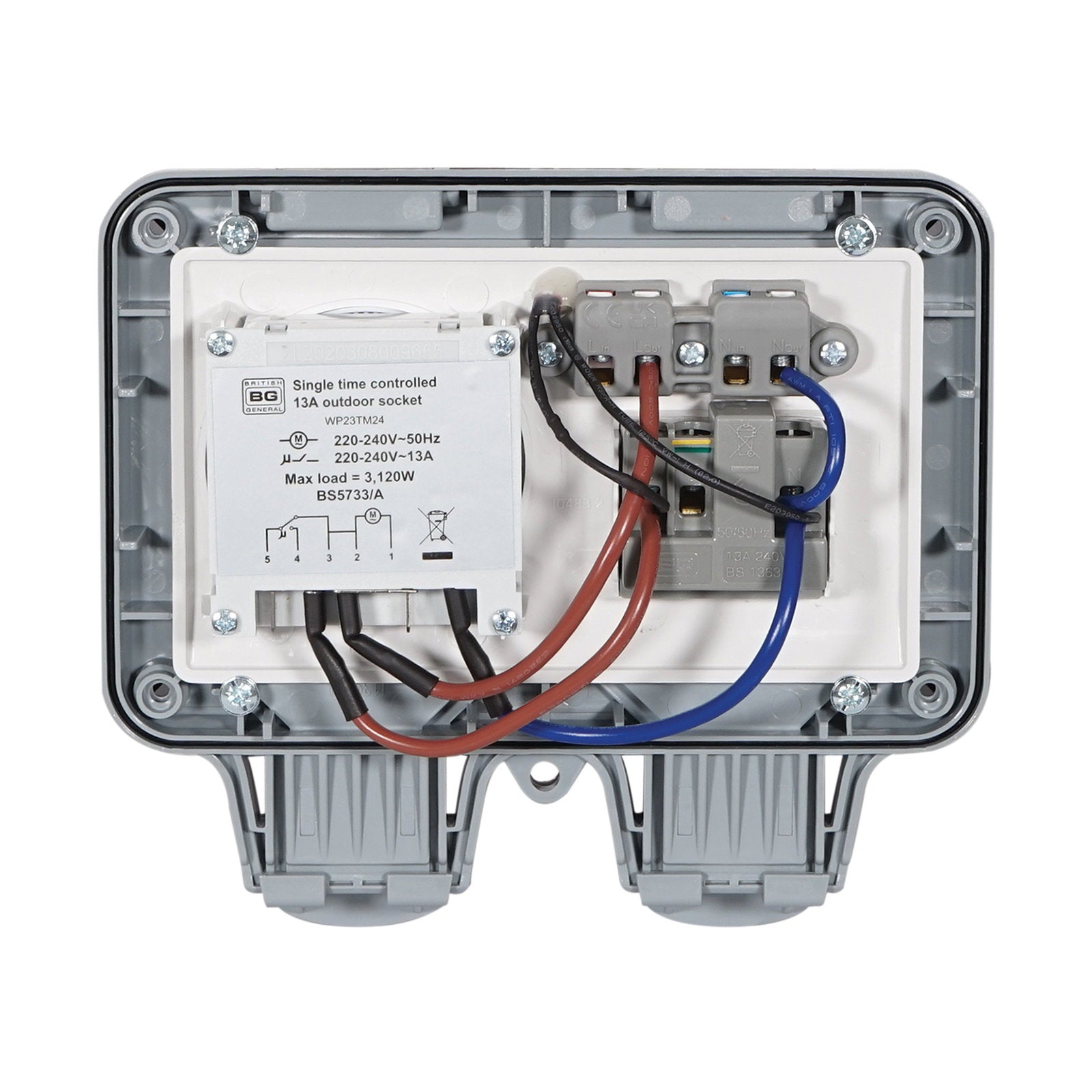 Masterplug IP66 13A Timer Socket (WP23TM24) - Back Panel and Connections