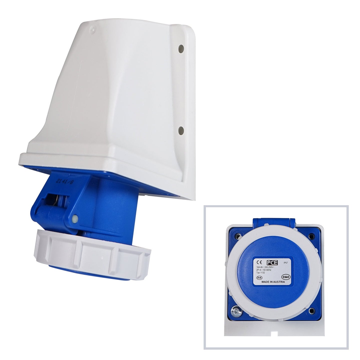 PCE 16A 230V 2P+E IP67 Wall Mount Angled Socket (1132-6) - Main View