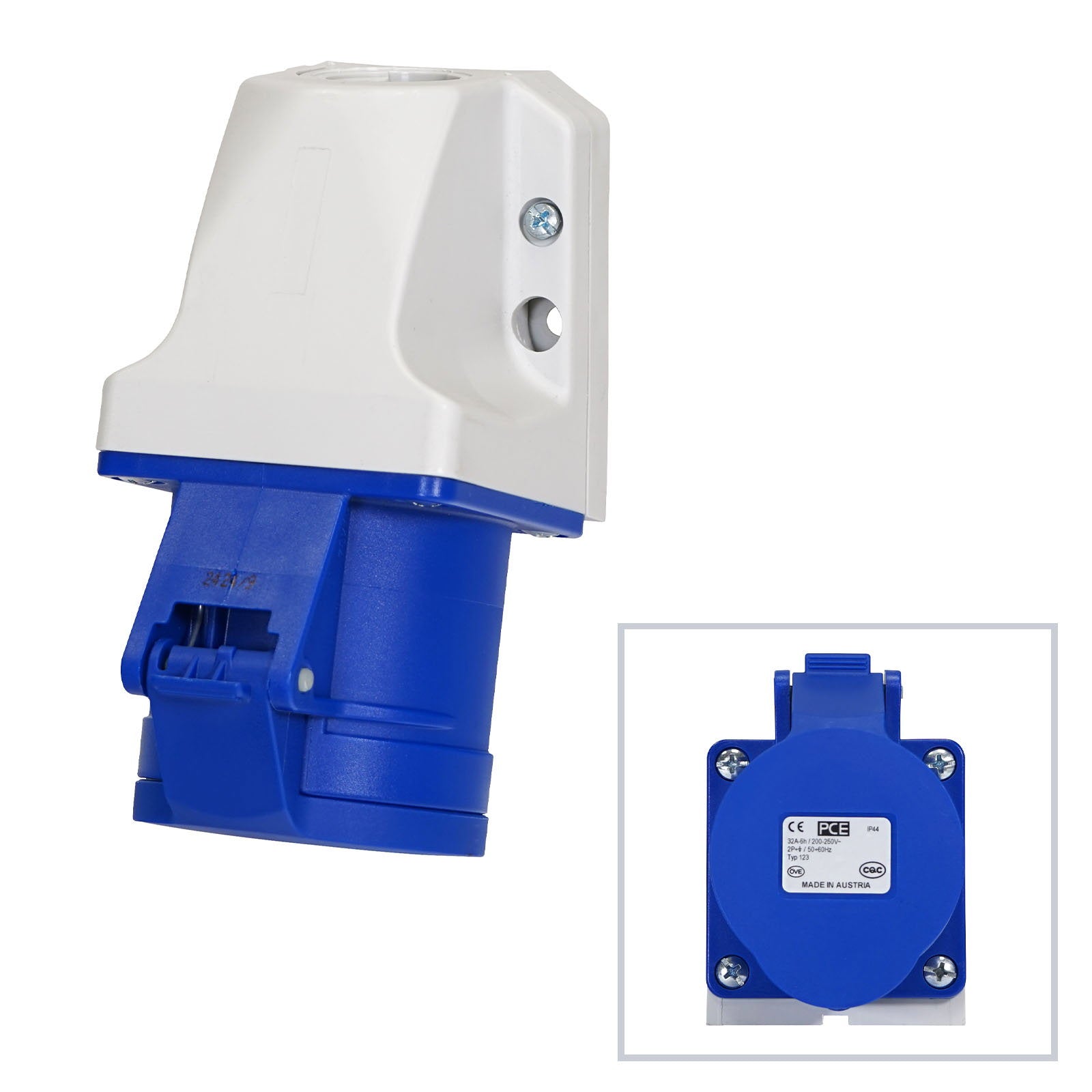 PCE 32A 230V 2P+E Wall Mount Angled Socket (123-6K) - Back Panel and Connections