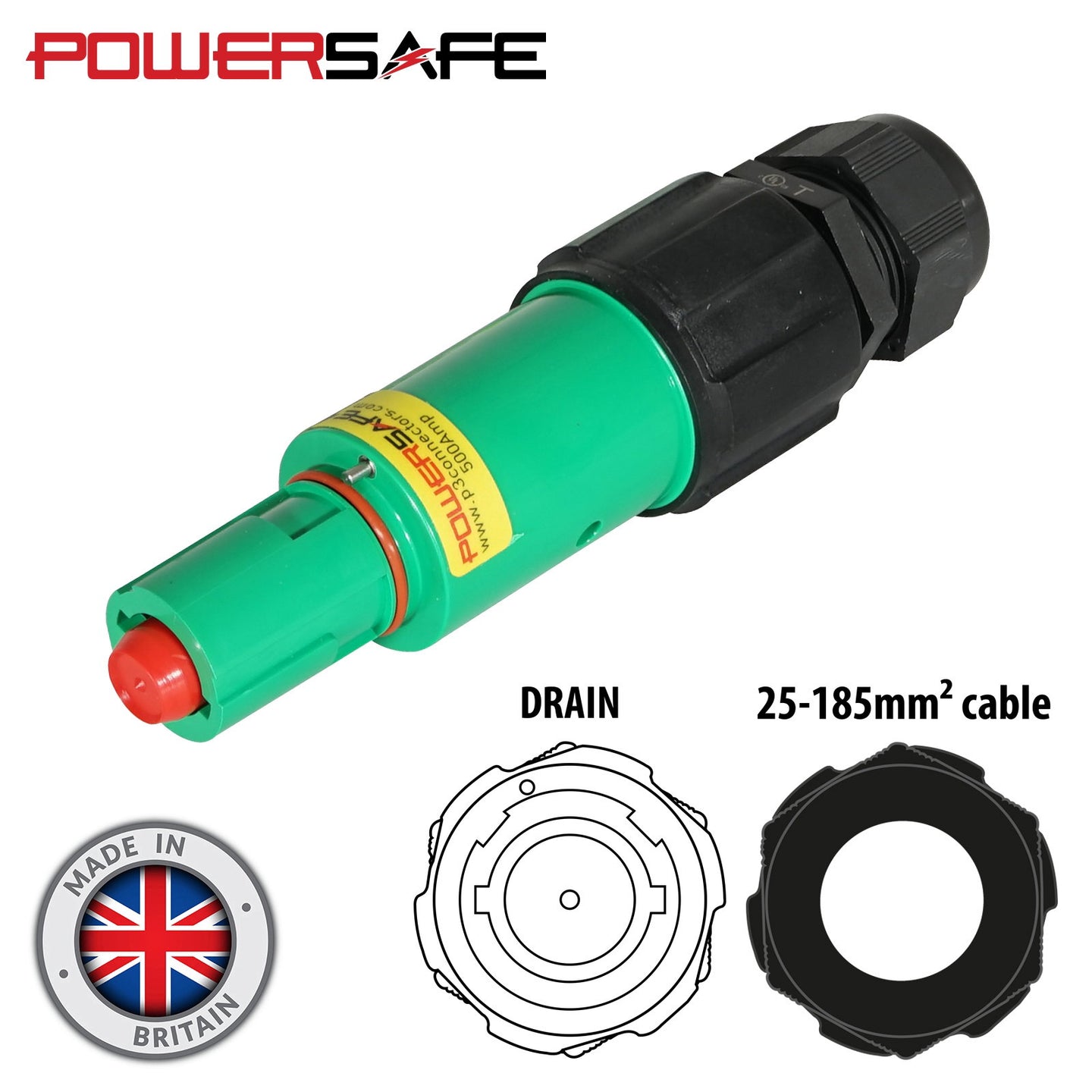 Elumen8 Powersafe 500A Line Drain 150mm2 Earth Green - Back Panel and Connections