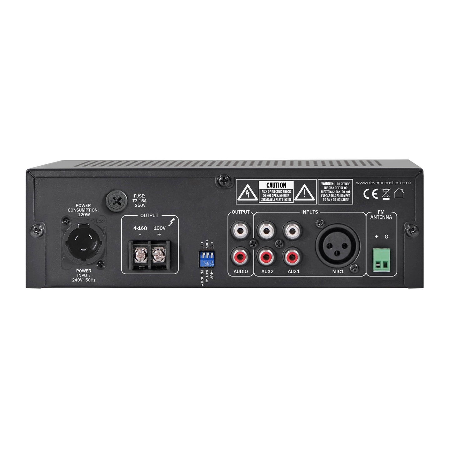 Clever Acoustics MA1120 120W 100V Mixer Amplifier with MP3 Bluetooth and FM Radio - Back Panel and Connections
