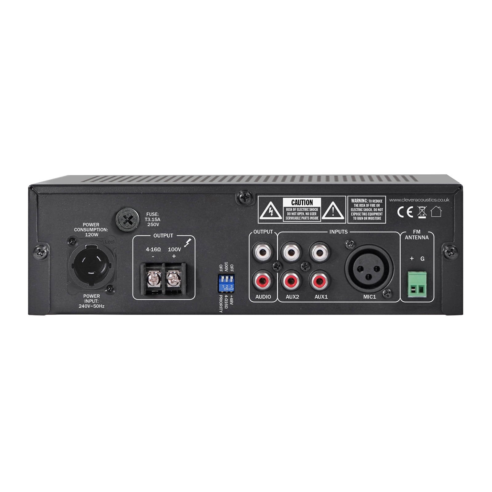 Clever Acoustics MA1120 120W 100V Mixer Amplifier with MP3 Bluetooth and FM Radio - Back Panel and Connections