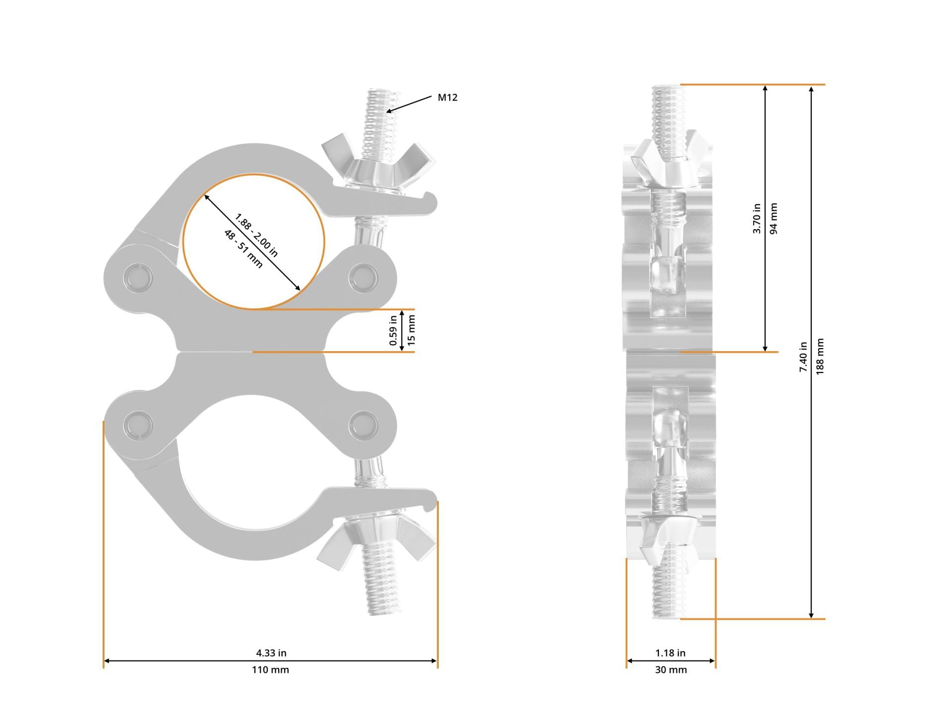 Global Truss Narrow Swivel Coupler Stage Black 48-51/50Ø 250Kg (5025-B) - Back Panel and Connections
